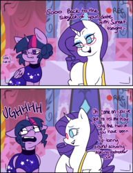 Size: 1280x1656 | Tagged: safe, artist:nichroniclesvsart, rarity, sci-twi, twilight sparkle, alicorn, pony, unicorn, series:princess sciset, g4, camera shot, clothes, dress, female, glasses, implied lesbian, implied scitwishimmer, implied shipping, implied sunset shimmer, mare, measuring tape, missing cutie mark, sci-twilicorn, twilight sparkle (alicorn)