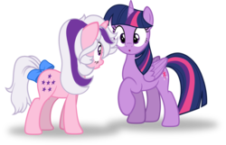 Size: 4649x3000 | Tagged: safe, artist:cyberapple456, derpibooru exclusive, twilight, twilight sparkle, alicorn, pony, g1, g4, 35th anniversary, g1 to g4, generation leap, looking at each other, show accurate, simple background, surprised, transparent background, twilight sparkle (alicorn), vector