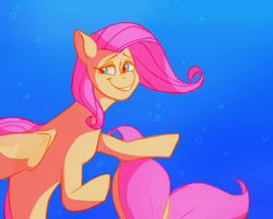 Size: 1280x1024 | Tagged: safe, artist:boyslushie, fluttershy, merpony, pony, seapony (g4), g4, female, looking back, mare, seaponified, seapony fluttershy, smiling, solo, species swap, underwater