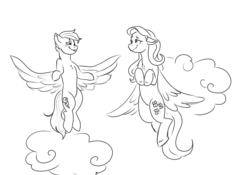 Size: 1280x896 | Tagged: safe, artist:boyslushie, fluttershy, rainbow dash, pegasus, pony, g4, blushing, cutie mark, female, floppy ears, flying, lesbian, lineart, looking at each other, mare, ship:flutterdash, shipping, simple background, smiling, white background