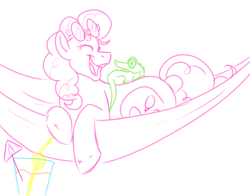 Size: 1280x1003 | Tagged: safe, artist:boyslushie, gummy, pinkie pie, earth pony, pony, g4, cutie mark, duo, eyes closed, female, glasses, hammock, mare, open mouth, simple background, sketch, white background