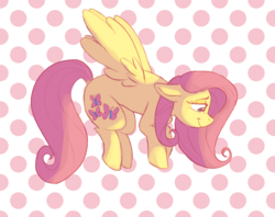 Size: 1280x1013 | Tagged: safe, artist:boyslushie, fluttershy, pegasus, pony, g4, abstract background, cutie mark, female, floppy ears, flying, lidded eyes, looking down, mare, polka dot background, profile, smiling, solo, spread wings, wings