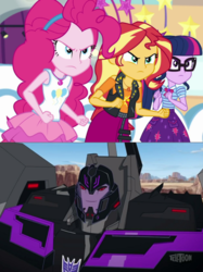 Size: 851x1136 | Tagged: safe, edit, screencap, pinkie pie, sci-twi, sunset shimmer, twilight sparkle, equestria girls, equestria girls series, g4, rollercoaster of friendship, clash of hasbro's titans, comparison, crossover, decepticon, motormaster, stunticons, transformers, transformers robots in disguise (2015)