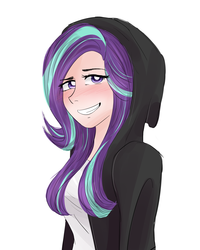 Size: 2000x2500 | Tagged: safe, artist:rmariansj, starlight glimmer, human, g4, clothes, female, high res, hoodie, humanized, shirt, simple background, smiling, smirk, solo, teeth, white background