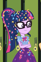 Size: 394x592 | Tagged: safe, screencap, sci-twi, twilight sparkle, best trends forever, best trends forever: pinkie pie, equestria girls, g4, my little pony equestria girls: better together, canterlot high, confetti, cropped, crossed arms, female, geode of telekinesis, glasses, lockers, messy hair, ponytail, smiling