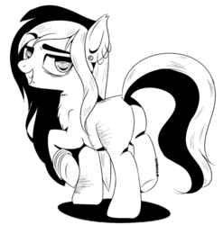 Size: 600x607 | Tagged: safe, artist:sinamuna, oc, oc only, oc:blue spectrum, earth pony, pony, bags under eyes, black and white, cocky, contrast, ear piercing, earring, empty eyes, eyebrows, fangs, female, grayscale, jewelry, long hair, looking back, mare, monochrome, piercing, scar, sketch, smug, solo, stellar-ponies, two toned mane