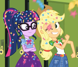 Size: 677x586 | Tagged: safe, screencap, applejack, sci-twi, twilight sparkle, best trends forever, best trends forever: pinkie pie, equestria girls, g4, my little pony equestria girls: better together, applejack's hat, belt, canterlot high, clothes, confetti, cowboy hat, cropped, crossed arms, denim skirt, female, fist pump, freckles, geode of super strength, geode of telekinesis, glasses, grin, hat, lockers, messy hair, one eye closed, ponytail, skirt, smiling, stetson, wink