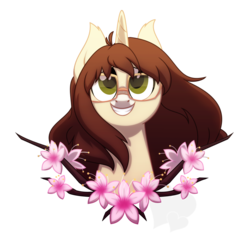 Size: 926x876 | Tagged: safe, artist:faith-wolff, oc, oc only, oc:cinnamon fawn, pony, unicorn, branches, brown hair, bust, cherry blossoms, female, flower, flower blossom, glasses, green eyes, hazel eyes, long hair, looking up, mare, simple background, smiling, solo, teeth, transparent background