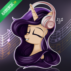 Size: 4000x4000 | Tagged: safe, artist:aldobronyjdc, oc, oc only, oc:melody verve, pony, unicorn, digital art, eyes closed, female, happy, headphones, listening to music, mare, music notes, simple background, smiling, solo