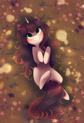Size: 1300x1900 | Tagged: safe, artist:kirionek, oc, oc only, oc:cinnamon fawn, pony, unicorn, aerial view, autumn, blushing, commission, female, flower, grass, green eyes, high angle, hooves to the chest, leaves, long hair, looking up, mare, on back, outdoors, overhead view, ponysona, smiling, solo, ych result