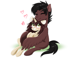Size: 2500x2000 | Tagged: safe, artist:kaikururu, oc, oc only, oc:cinnamon fawn, oc:sovereign ashes, pegasus, pony, unicorn, black hair, blushing, brown hair, couple, cuddling, duo, eyes closed, female, glasses, green eyes, happy, heart, high res, hug, hug from behind, long hair, male, mare, pair, short hair, simple background, smiling, stallion, white background, winghug