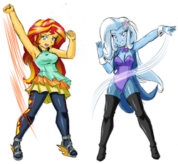 Size: 1504x1384 | Tagged: safe, artist:danmakuman, edit, sunset shimmer, trixie, human, equestria girls, g4, armpits, boots, breasts, busty sunset shimmer, cleavage, clothes, costume, duo, female, fishnet stockings, leotard, lesbian, magician outfit, pantyhose, ship:suntrix, shipping, shoes, simple background, thigh boots, underass, white background