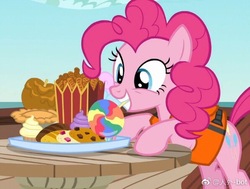 Size: 597x451 | Tagged: safe, screencap, pinkie pie, earth pony, pony, g4, ppov, candy, caramel apple (food), cookie, cropped, cupcake, female, food, herbivore, lifejacket, lollipop, mouth hold, peanut, pie, solo