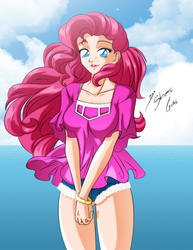 Size: 2153x2786 | Tagged: safe, artist:shinta-girl, pinkie pie, human, equestria girls, g4, beautiful, breasts, cloud, female, high res, humanized, looking at you, sky, solo, summer, water