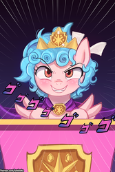 Size: 750x1125 | Tagged: safe, artist:lumineko, cozy glow, pegasus, pony, g4, school raze, antagonist, empress, female, filly, foal, jojo's bizarre adventure, menacing, pure concentrated unfiltered evil of the utmost potency, smiling, solo, villainess, ゴ ゴ ゴ