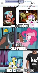 Size: 500x954 | Tagged: safe, edit, edited screencap, screencap, cozy glow, lord tirek, pinkie pie, sludge (g4), sweetie belle, dragon, earth pony, pegasus, pony, g4, school raze, 666, cage, female, filly, guard, male, mare, nose piercing, nose ring, oh come on, piercing, septum piercing, stallion, this is humorous