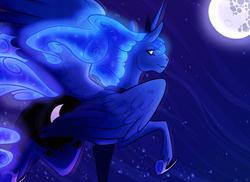 Size: 1306x950 | Tagged: safe, artist:fastserve, princess luna, pony, g4, female, looking at you, looking back, looking back at you, moon, night, smiling, solo