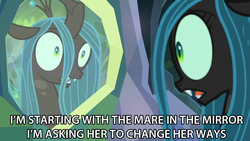 Size: 1280x720 | Tagged: safe, artist:jamestkelley, edit, edited screencap, screencap, ocellus, queen chrysalis, changeling, changeling queen, g4, what lies beneath, female, image macro, man in the mirror, meme, michael jackson, mirror, queen chrysellus, solo, surprised, text
