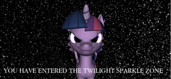 Size: 1582x734 | Tagged: safe, artist:hectorny, twilight sparkle, alicorn, pony, g4, 3d, evil smile, faic, female, grin, mare, parody, pun, smiling, space, stars, the twilight zone, twilight sparkle (alicorn), wrong neighborhood