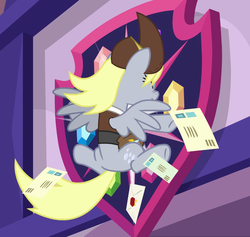 Size: 879x835 | Tagged: safe, screencap, derpy hooves, pegasus, pony, g4, school raze, clothes, crash, cropped, faceplant, female, hat, letter, mailmare, mailmare hat, mare, ouch, solo, uniform