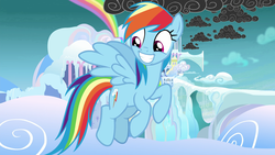 Size: 1920x1080 | Tagged: safe, screencap, rainbow dash, pegasus, pony, g4, school raze, adorkable, cloud, cloudsdale, cute, dashabetes, dork, female, flying, grin, mare, rainbow, scattered thunderstorms, smiling, solo, stormcloud, weather factory