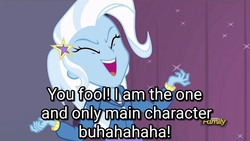 Size: 1280x720 | Tagged: safe, edit, edited screencap, screencap, trixie, equestria girls, g4, discovery family logo, evil laugh, eyes closed, female, laughing, mouthpiece, open mouth, sinister, solo, stage, talking to viewer, text, text edit