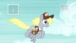 Size: 1920x1080 | Tagged: safe, screencap, derpy hooves, pegasus, pony, g4, school raze, clothes, female, flying, hat, mailbag, mailmare, mailmare hat, mare, solo, uniform