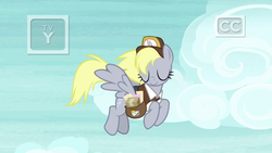 Size: 1920x1080 | Tagged: safe, screencap, derpy hooves, pegasus, pony, g4, school raze, clothes, eyes closed, female, flying, hat, mailbag, mailmare, mailmare hat, mare, solo, uniform