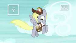 Size: 1920x1080 | Tagged: safe, screencap, derpy hooves, pegasus, pony, g4, school raze, clothes, female, flying, hat, mailbag, mailmare, mailmare hat, mare, solo, uniform