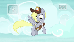 Size: 1920x1080 | Tagged: safe, screencap, derpy hooves, pegasus, pony, g4, school raze, clothes, female, flying, hat, mailbag, mailmare, mailmare hat, mare, saddle bag, solo, uniform, wall eyed