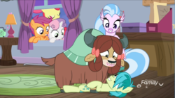 Size: 1200x676 | Tagged: safe, screencap, apple bloom, sandbar, scootaloo, silverstream, sweetie belle, yona, classical hippogriff, earth pony, hippogriff, pony, unicorn, yak, g4, school raze, bow, cutie mark crusaders, female, filly, foal, hair bow, male, shipping fuel, smiling, teenager