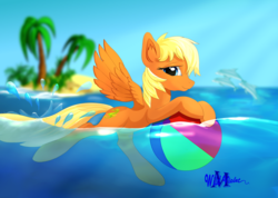 Size: 2660x1890 | Tagged: safe, artist:wildviolet-m, oc, oc only, dolphin, pegasus, pony, beach ball, female, island, mare, palm tree, smiling, solo, swimming, tree, water
