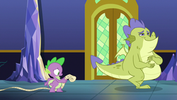 Size: 1280x720 | Tagged: safe, screencap, sludge (g4), spike, dragon, father knows beast, g4, claws, gluttony, list, male, tail, twilight's castle, winged spike, wings
