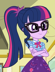Size: 534x697 | Tagged: safe, screencap, sci-twi, twilight sparkle, best trends forever, equestria girls, equestria girls series, g4, best trends forever: pinkie pie, bowtie, clothes, cropped, crossed arms, cute, cutie mark, cutie mark accessory, cutie mark on clothes, female, geode of telekinesis, glasses, ponytail, skirt, smiling, solo, twiabetes