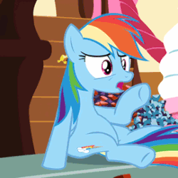 Size: 270x270 | Tagged: safe, screencap, rainbow dash, pegasus, pony, g4, maud pie (episode), abdominal bulge, animated, belly, cropped, female, food baby, rock candy, round belly, sitting, solo, stuffed, stuffed belly