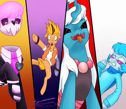 Size: 2680x2324 | Tagged: safe, artist:crystalcontemplator, pony, unicorn, arthur, colt, female, glass, heart, heartbreak, high res, lewis, male, mare, mystery skulls, ponified, redraw, shiromori, skull, spoilers for another series, vivi