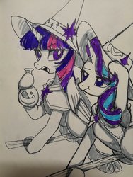 Size: 1536x2048 | Tagged: safe, artist:chenxi, starlight glimmer, twilight sparkle, alicorn, pony, unicorn, g4, broom, clothes, flask, flying, flying broomstick, halloween, hat, holiday, robe, traditional art, twilight sparkle (alicorn), witch, witch hat
