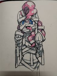 Size: 768x1024 | Tagged: safe, artist:chenxi, pinkie pie, earth pony, pony, g4, clothes, costume, drool, female, frog (hoof), halloween, holiday, mummy, mummy costume, solo, tongue out, traditional art, underhoof