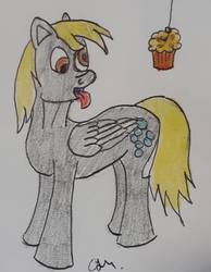 Size: 1518x1960 | Tagged: safe, artist:rapidsnap, derpy hooves, pony, g4, female, food, muffin, solo, tongue out, traditional art