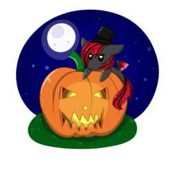 Size: 4049x4000 | Tagged: safe, artist:mimihappy99, oc, oc only, oc:ruby, bat pony, pony, chibi, female, halloween, hat, heart eyes, holiday, jack-o-lantern, mare, moon, night, pumpkin, simple background, solo, transparent background, wingding eyes, witch hat