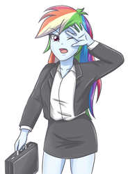 Size: 1390x1885 | Tagged: safe, artist:sumin6301, rainbow dash, equestria girls, g4, breasts, business suit, clothes, female, miniskirt, rainbow dash always dresses in style, simple background, skirt, skirt suit, solo, stupid sexy rainbow dash, suit, suitcase, white background