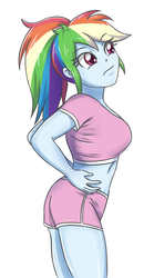 Size: 985x1895 | Tagged: safe, artist:sumin6301, rainbow dash, equestria girls, g4, big breasts, breasts, busty rainbow dash, clothes, female, shorts, simple background, solo, stupid sexy rainbow dash, white background