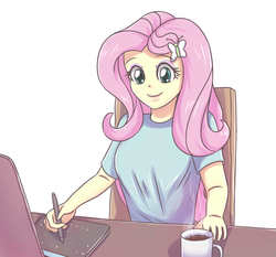Size: 1968x1833 | Tagged: safe, artist:sumin6301, fluttershy, equestria girls, g4, clothes, coffee, cute, female, hairclip, mug, simple background, smiling, tablet, tablet drawing, tablet pen, white background