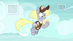 Size: 1920x1080 | Tagged: safe, screencap, derpy hooves, pegasus, pony, g4, school raze, clothes, female, flying, hat, letter, mailbag, mailmare, mailmare hat, mare, saddle bag, solo, uniform, wall eyed