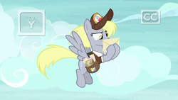 Size: 1920x1080 | Tagged: safe, screencap, derpy hooves, pegasus, pony, g4, school raze, clothes, female, flying, hat, letter, mailbag, mailmare, mailmare hat, mare, saddle bag, solo, uniform, wall eyed