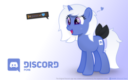 Size: 4167x2617 | Tagged: safe, artist:potato22, oc, oc only, oc:discord, pony, unicorn, g4, :d, bow, cute, discord (program), exclamation point, female, freckles, gradient background, happy, heart, hi anon, mare, meme, ocbetes, open mouth, pone, ponified, rule 85, smiling, solo, speech bubble, tail bow, tilde