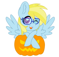 Size: 2338x2275 | Tagged: safe, artist:php150, oc, oc only, oc:cloud cuddler, pegasus, pony, crossed hooves, ear fluff, female, glasses, halloween, high res, holiday, jack-o-lantern, one eye closed, open mouth, pegasus oc, pumpkin, simple background, solo, transparent background, ych result