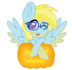 Size: 2338x2275 | Tagged: safe, artist:php150, oc, oc only, oc:cloud cuddler, pegasus, pony, crossed hooves, ear fluff, female, glasses, halloween, high res, holiday, jack-o-lantern, one eye closed, open mouth, pegasus oc, pumpkin, simple background, solo, transparent background, ych result