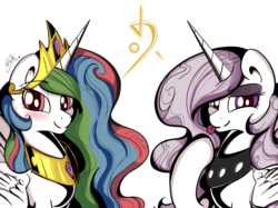 Size: 2560x1919 | Tagged: safe, artist:saralien, princess celestia, alicorn, pony, princess molestia, g4, blushing, duo, eyeshadow, female, looking at you, makeup, mare, signature, simple background, smiling, spread wings, tongue out, white background, wings