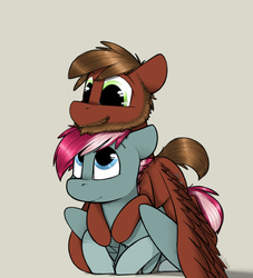 Size: 775x854 | Tagged: safe, artist:sinrar, oc, oc only, oc:cascade script, oc:jern, pegasus, pony, beard, blue eyes, cuddling, cute, facial hair, gray background, green eyes, hug, male, pegasus oc, simple background, wings